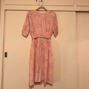 Vintage Tea Length Pink Dress with Blue Flowers